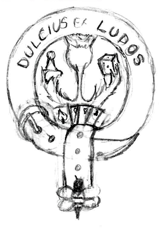 A belt with a bee end cap encircles a thistle holding a game piece and a die. A fan of playing cards is in front of the thistle. 'Dulcius ex Ludos' (Sweeter through Games) is written on the belt.