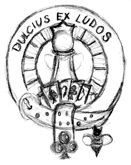 A belt with a club card suit symbol end cap encircles a Queen chess piece. Behind the Queen is a poker chip. In front of the Queen is a fan of playing cards. 'Dulcius ex Ludos' (Sweeter through Games) is written on the belt.